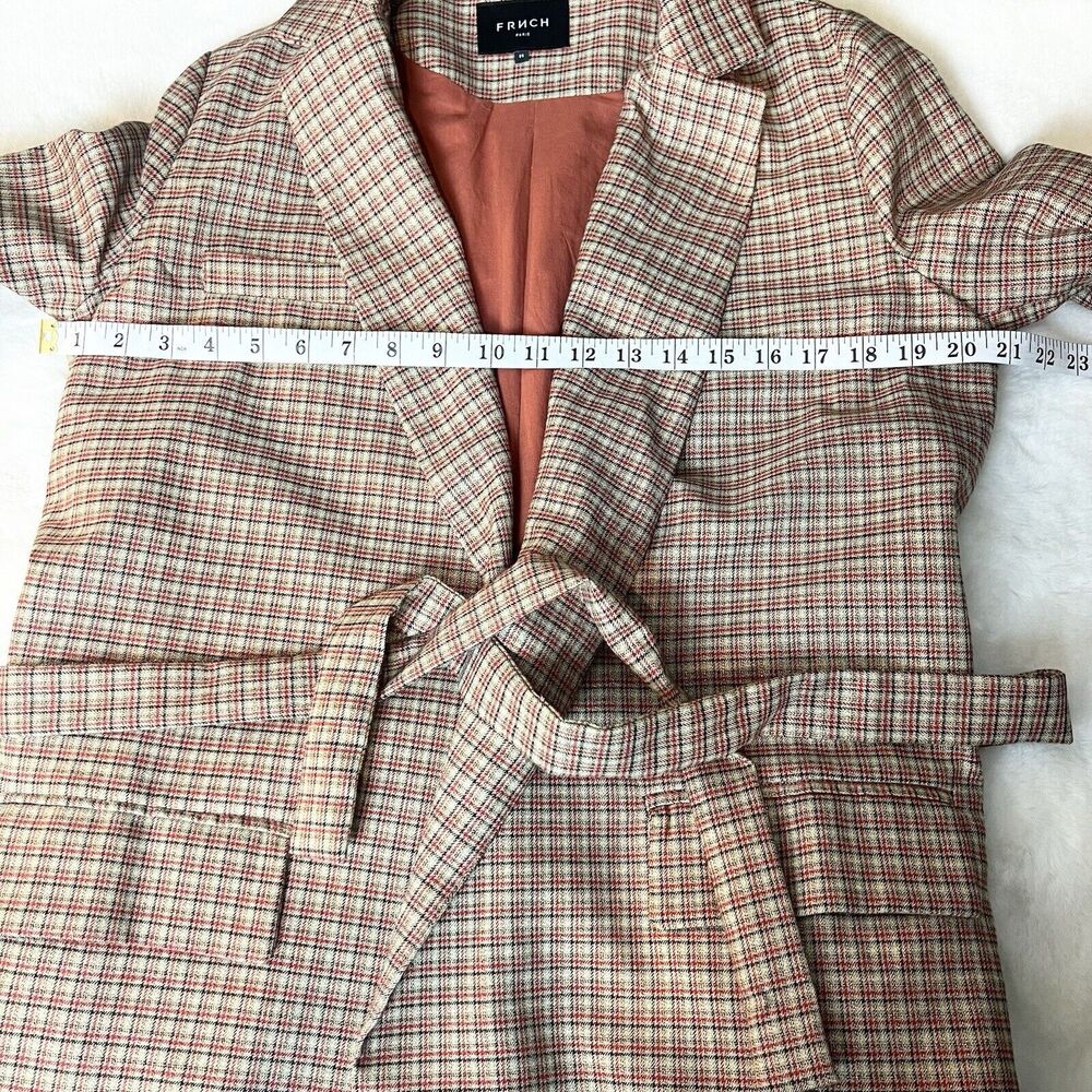 FRNCH Paris Plaid Blazer Jacket Tan Red Black Belted Women’s M - Picture 9 of 12